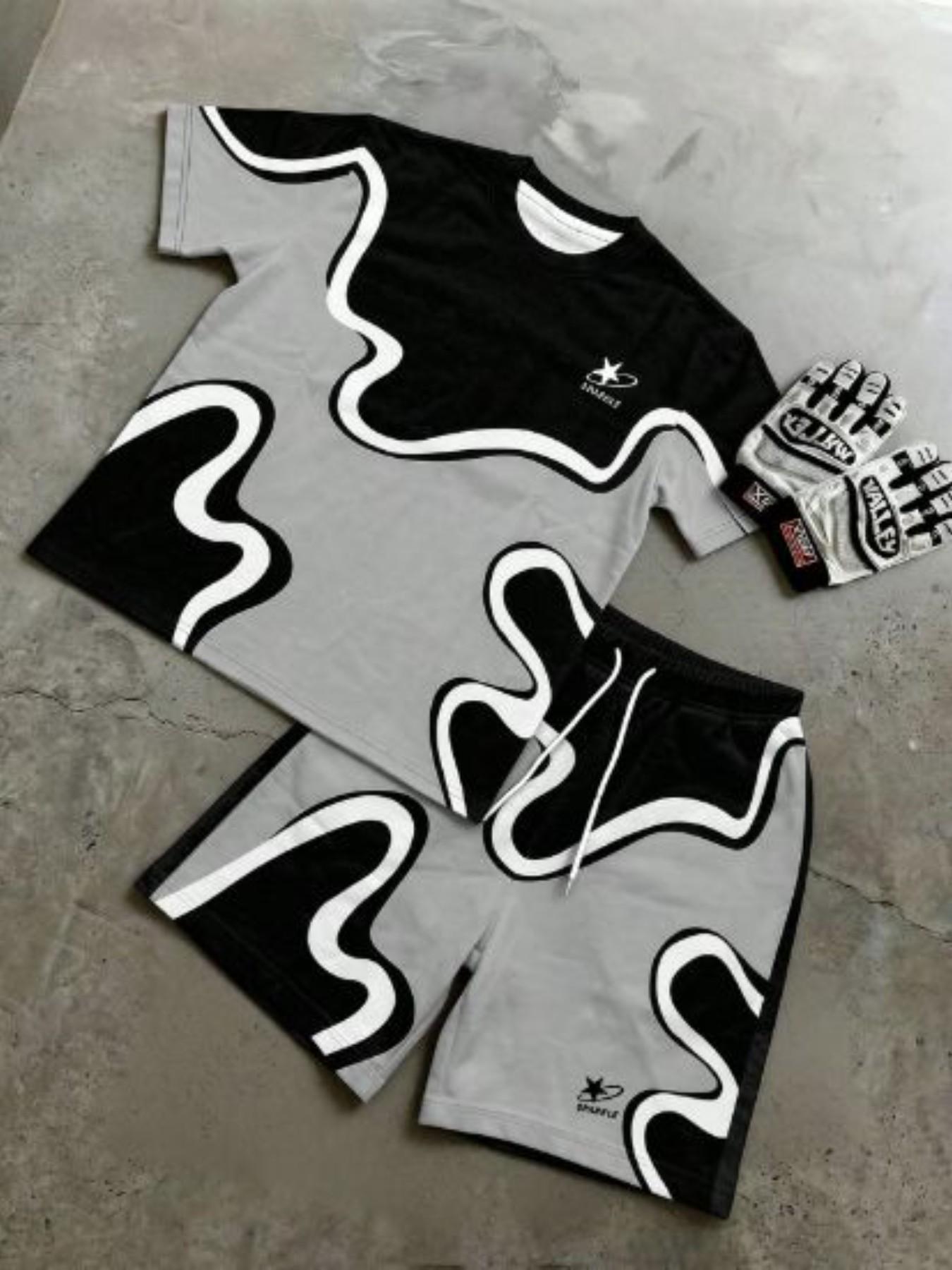 Summer 2-Piece Set for Men, Casual Patchwork T-Shirt & Shorts, Short Sleeve, Above the Knee, All over Print, Perfect for Summer