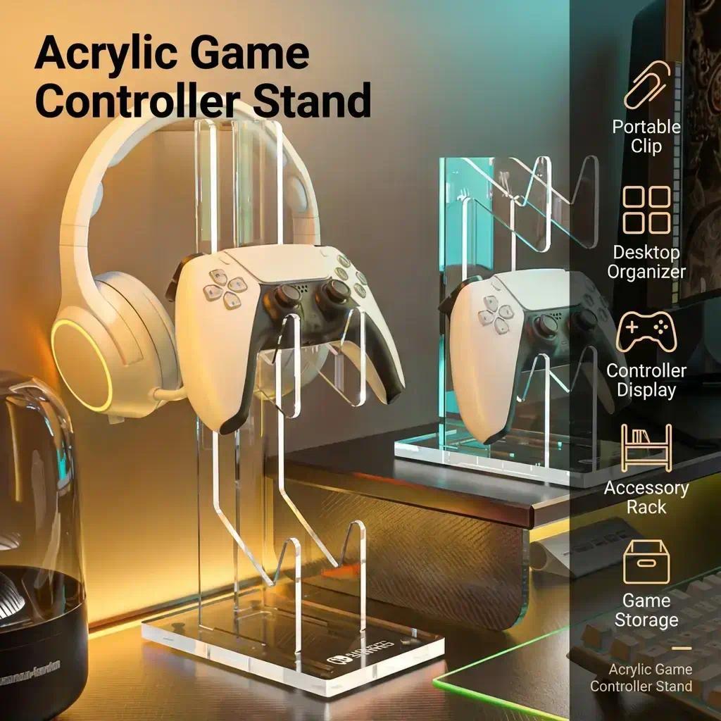 Acrylic Game Controller Stand, Desktop Display Rack, Display Storage Rack for Controllers and Accessories, Portable Clip Design Office Desk Organizer and Display Riser Stand