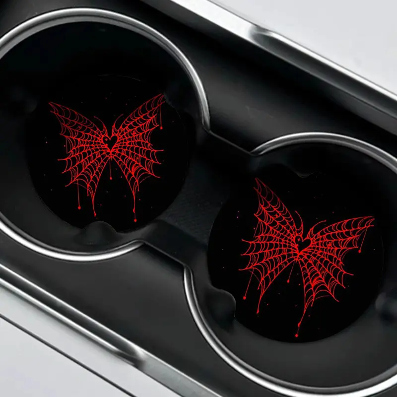 2pcs, Gothic Red Spider Web Butterfly Printed Acrylic Car Coasters, Waterproof Non-Slip Drink Mats, Car Interior Additions, Acrylic Backing Prevents Cup Holder Scratches, Unisex, Ideal Gift for Friends, Perfect for New Car Gifts