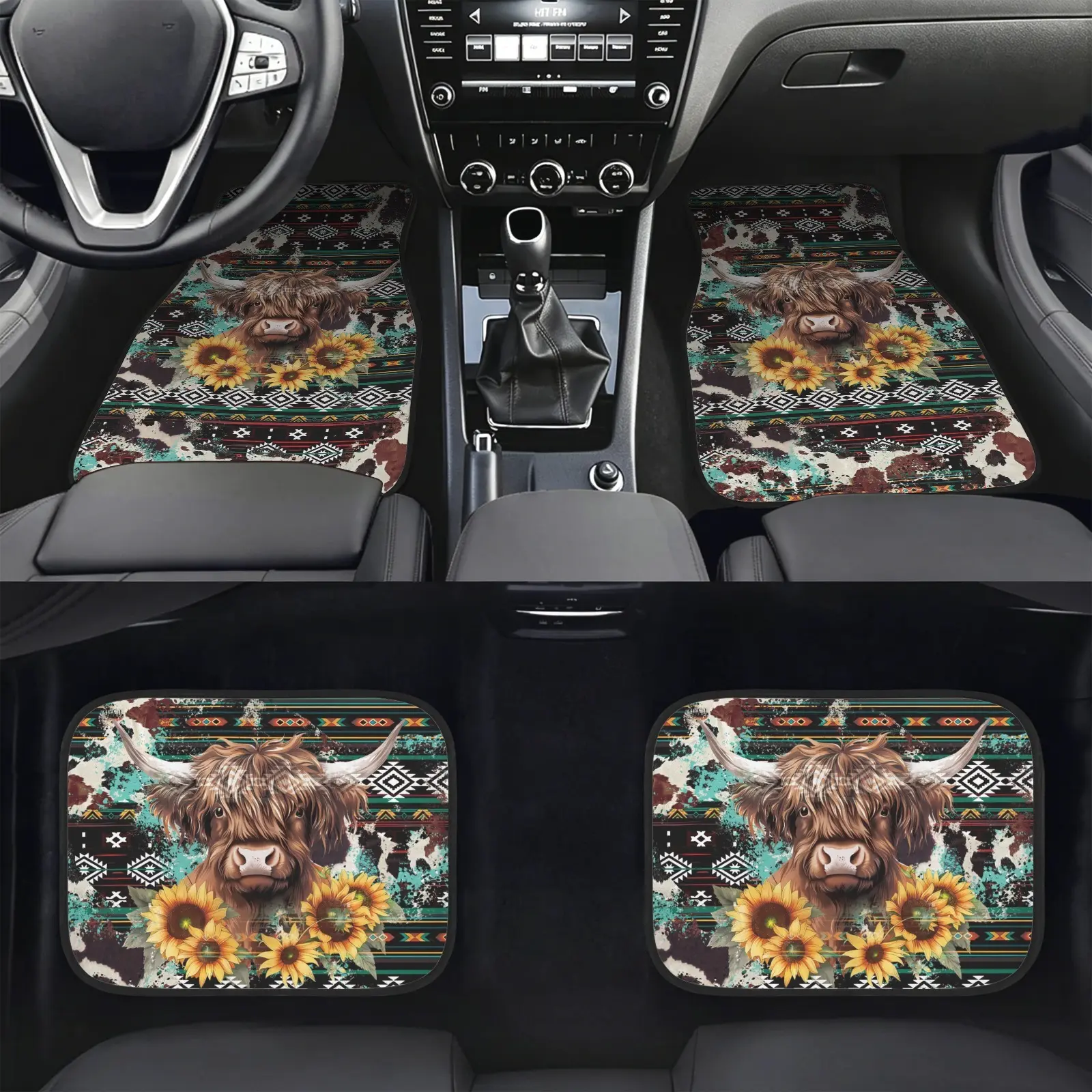 GEPRINT Cow Print Western Aztec Tribal Car Floor Mat Set - Patterned Look Non-Slip Auto Carpets, Highland Cow Sunflower Vehicle Liners, Universal Fit for SUV,Sedan,Truck, Southwest-Style Interior Protection for Road Trips