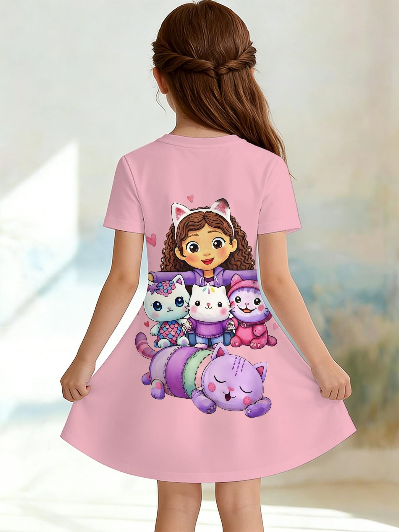 Girls' Cartoon Cat Full Print Dress, Short Sleeve A-Line Summer Casual Dress, Birthday Gift, Festival Gift, Fitted Style