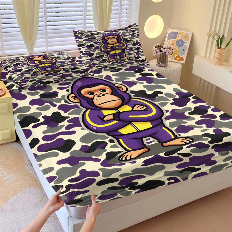 Bape ABC Camo Print 3-Piece Fitted Sheet Set, Includes 2 Pillowcases, Featuring The Classic Brand and Iconic Ape Head Logo. Soft and Comfortable, Perfect for A Street-Style Bedroom Decor. An Ideal Gift for Streetwear Enthusiasts.