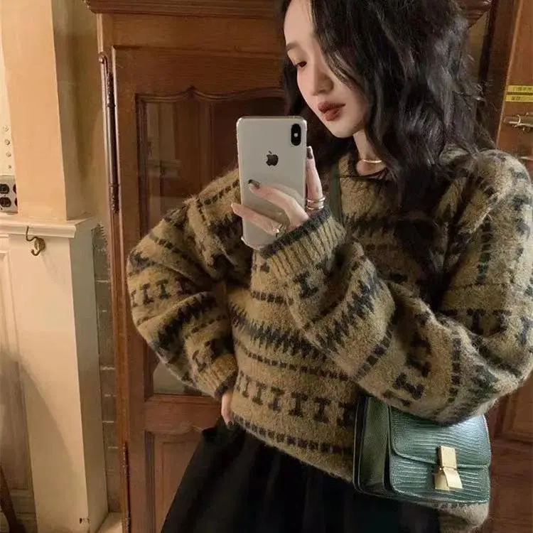 Women Pullovers Aztec Jacquard Knit Jumper Vintage Cozy Grandpa Sweater Aesthetic Winter Outfit