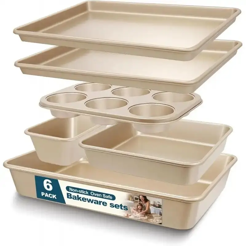 Baking Pans Set, Nonstick Stackable Bakeware Sets, Oven Pans for Cooking 6 Pieces Baking Sheets Set Including Cookie Sheet, Deep Roaster Pan, Square Pan, Loaf Pan, Muffin Pan, Carbon Steel