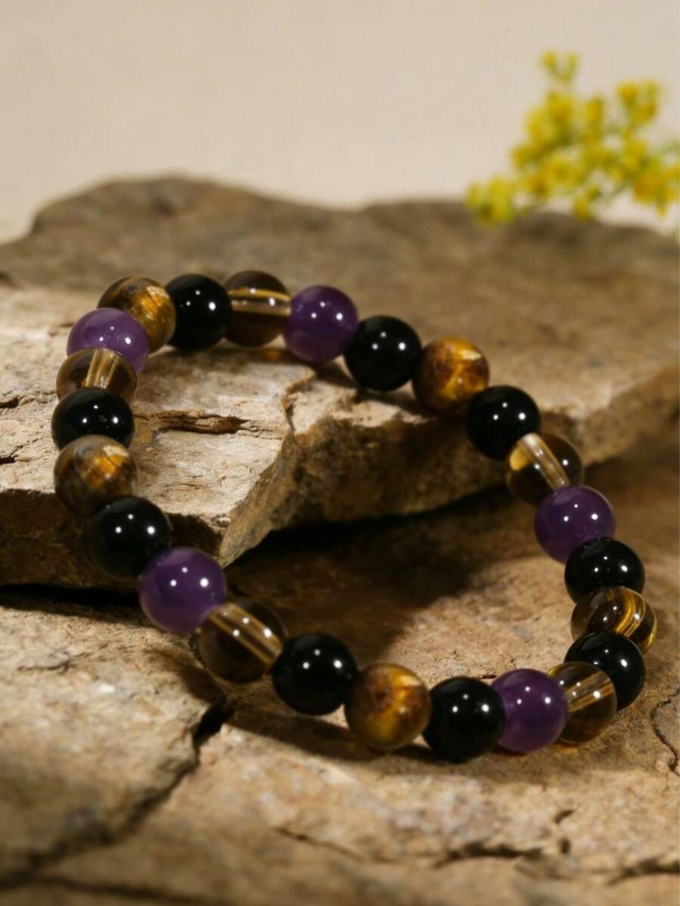 1pc Natural Tigereye & Amethyst Bead Stretch Bracelet, Energy Balancing Crystal Jewelry Gift For Men & Women
