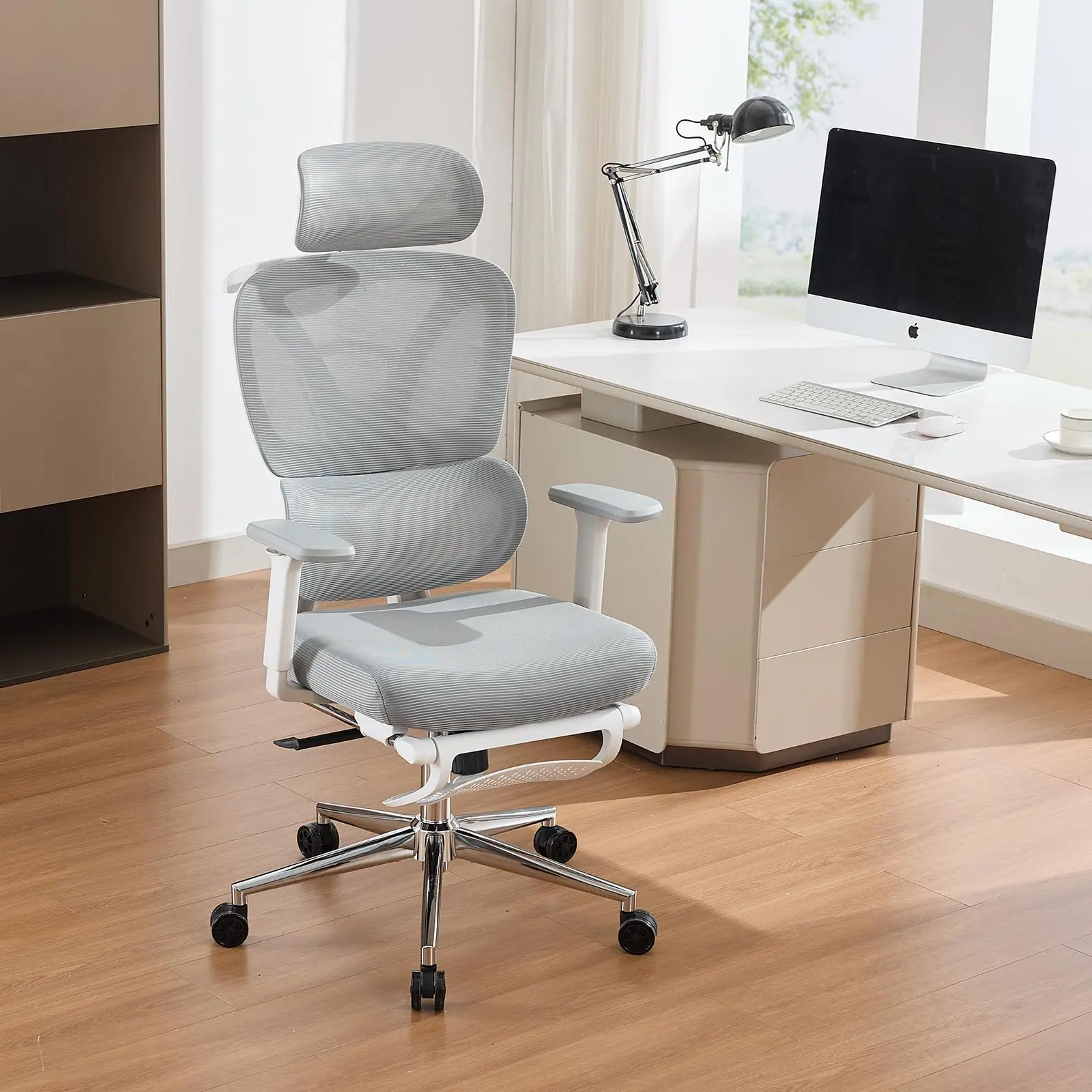 Ergonomic Mesh Office Chair, Split Y-Shaped Dual Backrest Gray Desk Chair, Adjustable Height & Armrests, 360° Swivel Tilt Recline, White