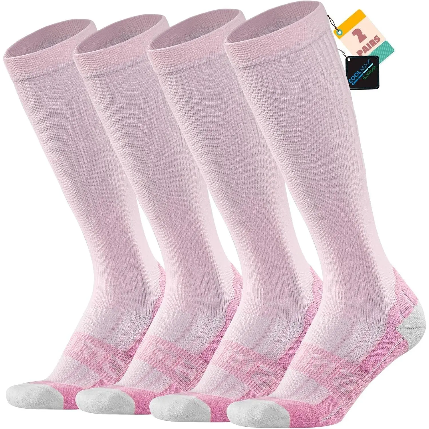 Coolmax Compression Socks for Women 2 Pairs Knee High 15-20 mmHg Anti-Blister Arch Support for Nurse Pregnancy Flying