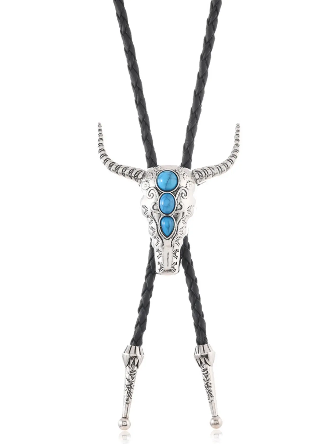 Western Vintage Skull Bull Detail Bolo Tie for Men, Cowboy Style Braided PU Leather Necklace, Fashion Jewelry Accessories