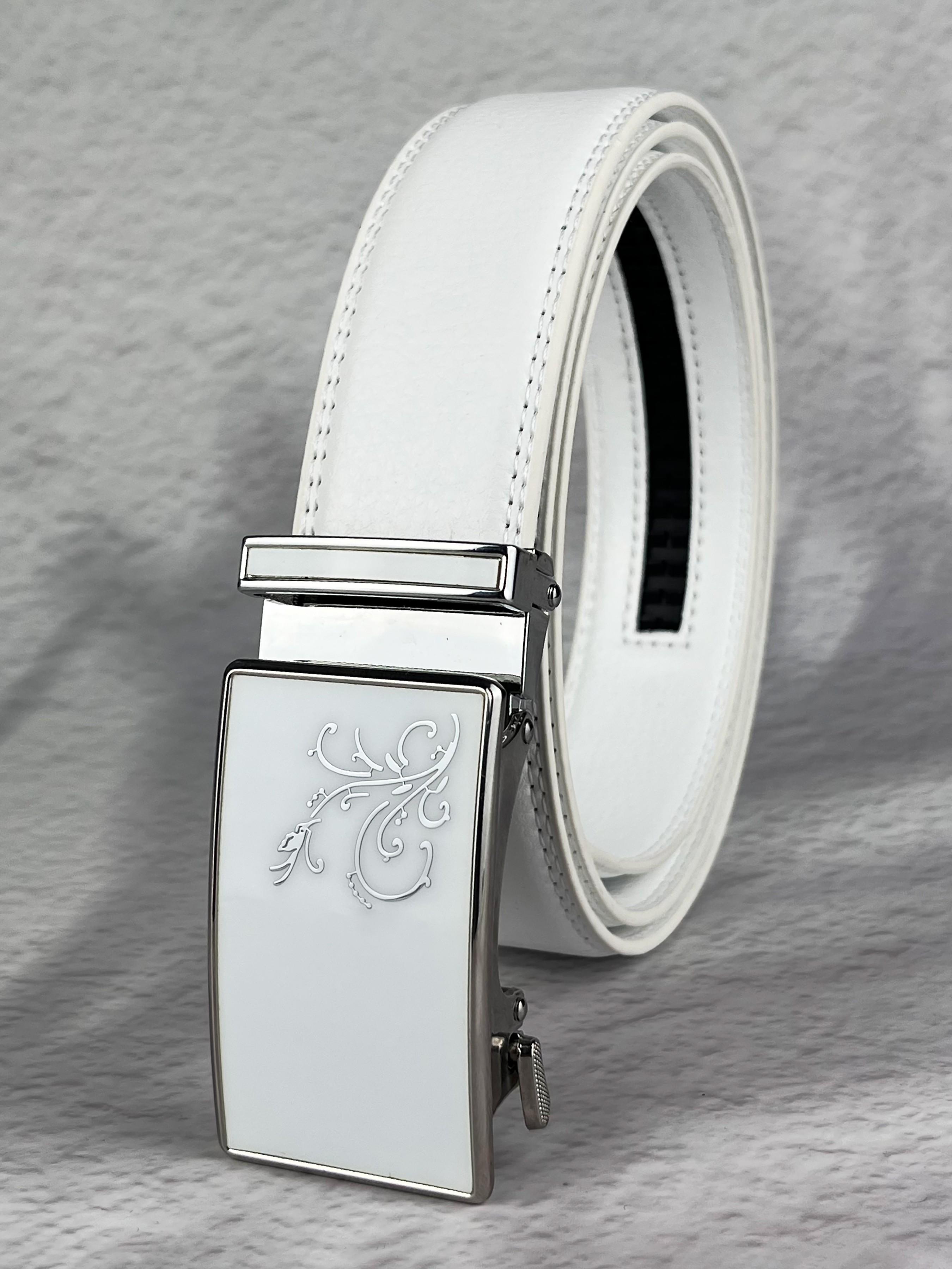 Men's and women's white alloy automatic buckle, 3.5cm/1.38in wide ratcheting slot white belt, elegant and stylish, suitable for daily commuting, outings, dates, and leisure vacations.