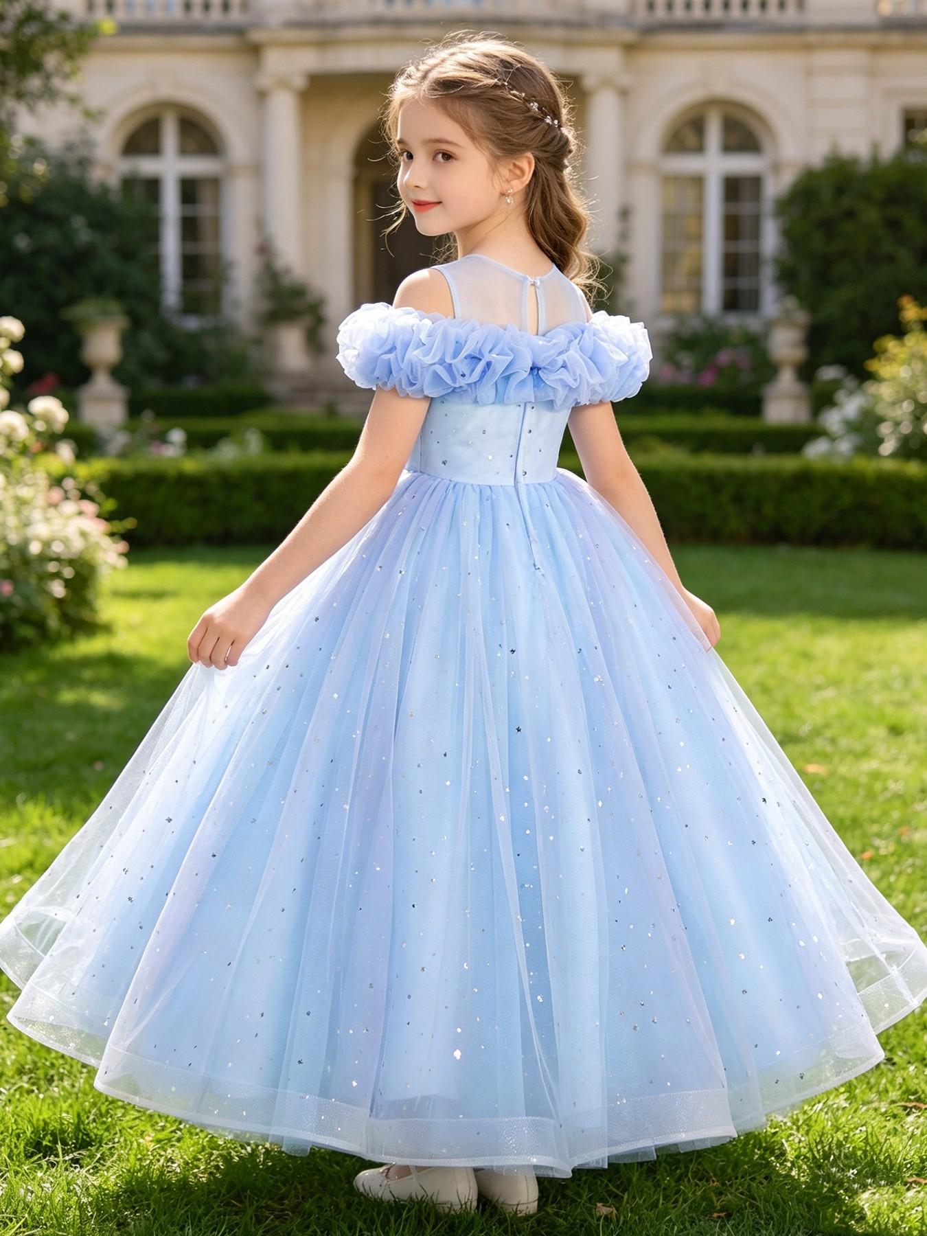 Girls' Summer Princess Dress, Floral Butterfly Sequin Elegant Dress, Birthday Party Hostess Flower Girl Evening Gown, Festival Performance Costume