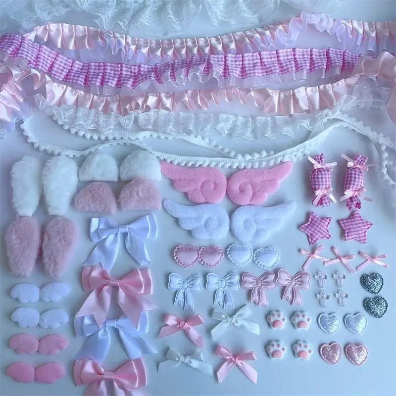 67 Pieces Pink Lace Material Package Set Fan Manual DIY Accessories Painful Package Ita Bag Idol Card Holder Girls Gift Bow Wing