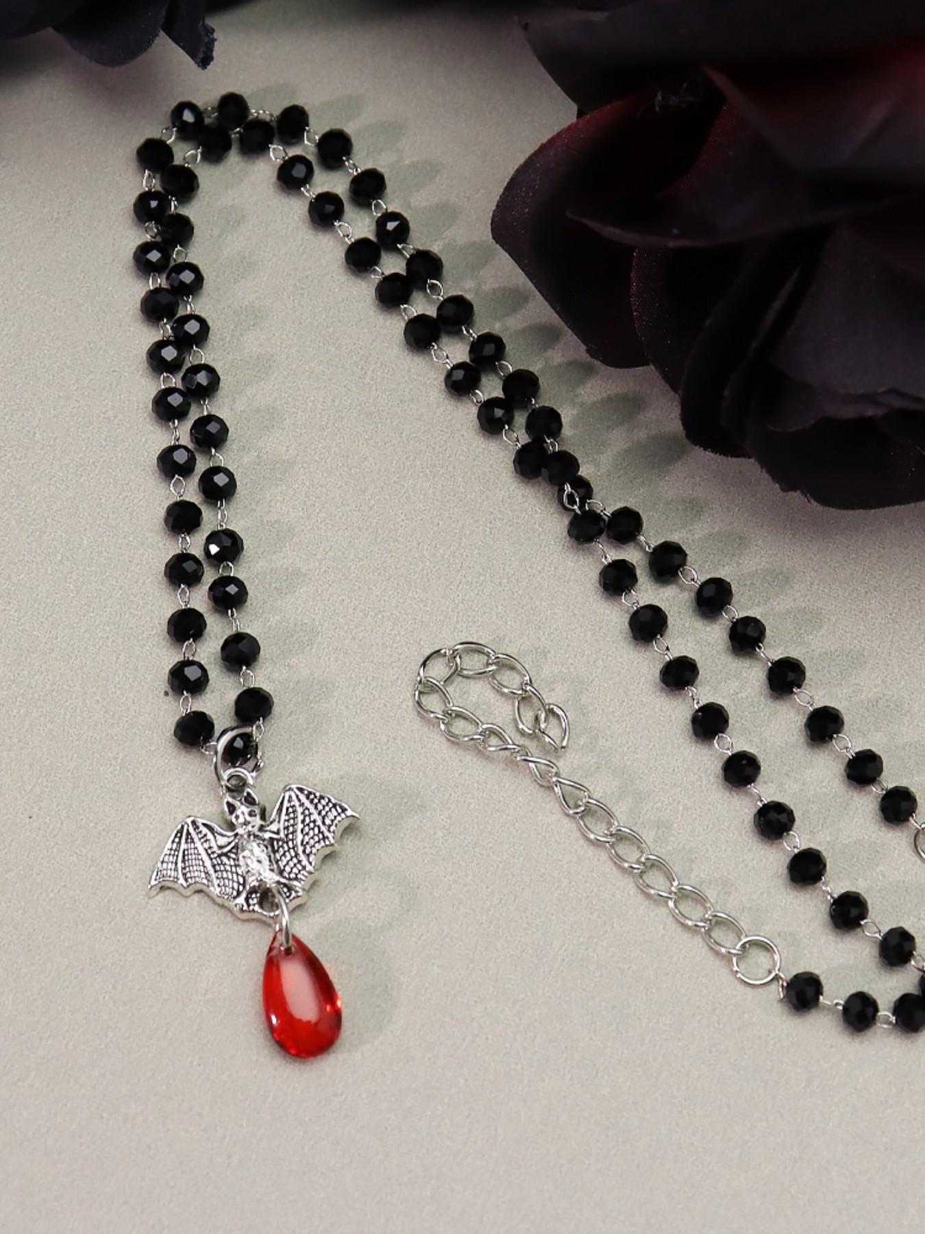 Gothic Bat Blood Drop Jewelry Set, Vintage Black Bead Chain Necklace Earrings, Punk Dark Aesthetic Halloween Jewelry