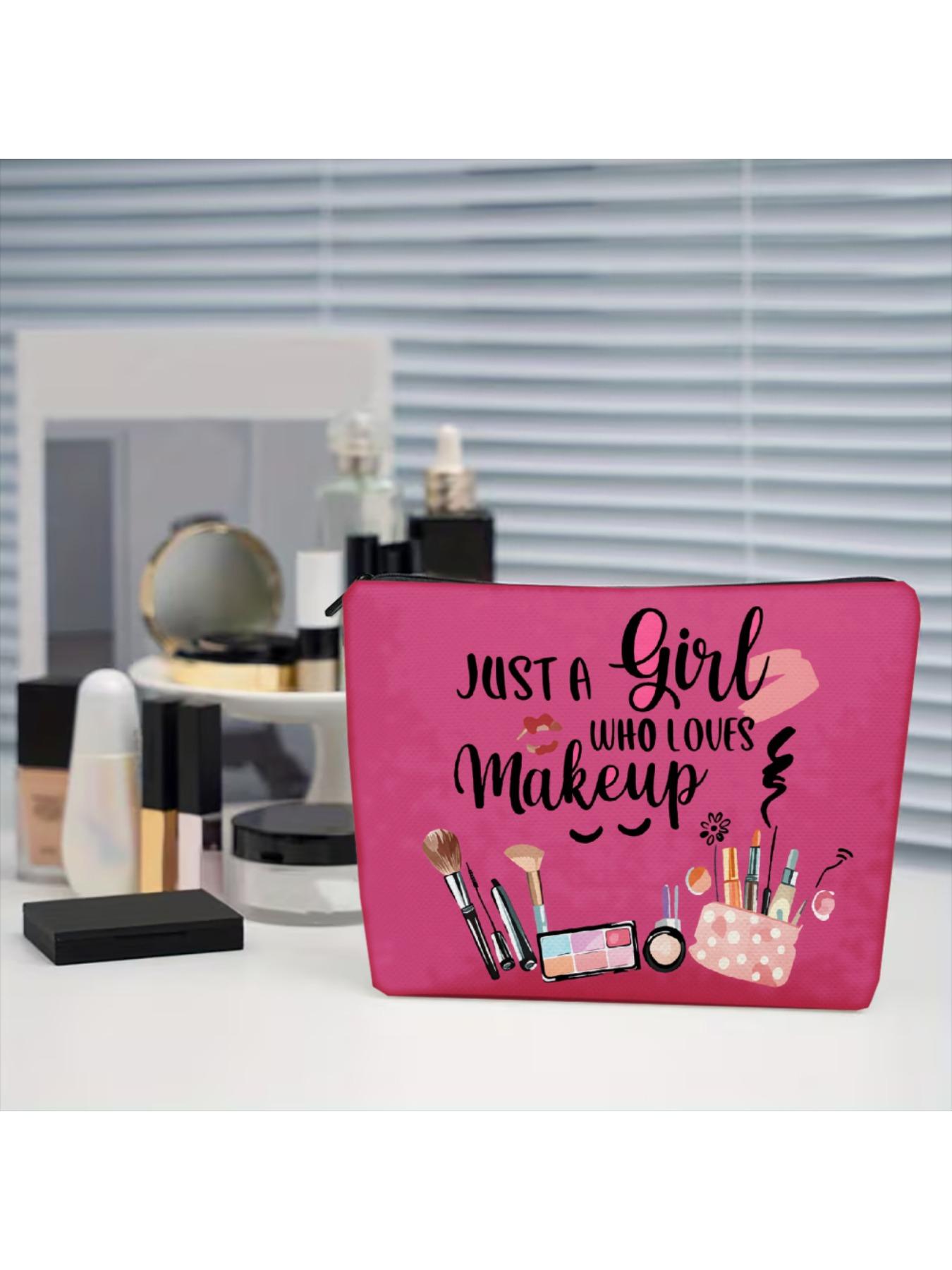 1pc Makeup Bag Pink Cosmetic Pouch With Just A Girl Who Loves Makeup Print And Makeup Tools Design For Travel Beauty Storage And Daily Use Perfect For Carrying Makeup Brushes Skincare Products And Personal Care Items Ideal For Traveling Gym