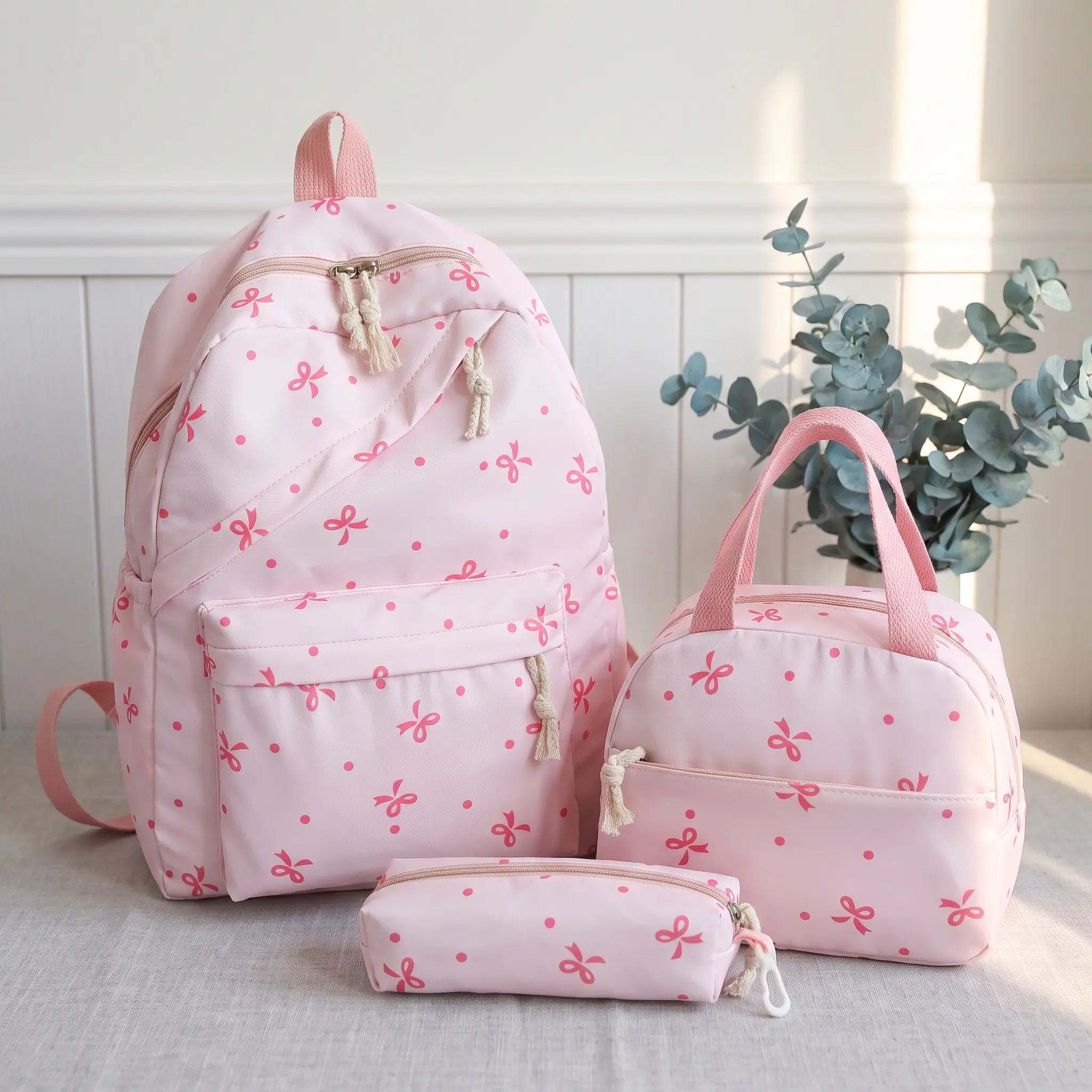 Girls Floral Print 3 Piece Backpack Set Cute Bow Design Lightweight Nylon Breathable Fits 14 Inch Laptop 36 55L Casual Travel Campus Unisex Stylish Everyday Essential