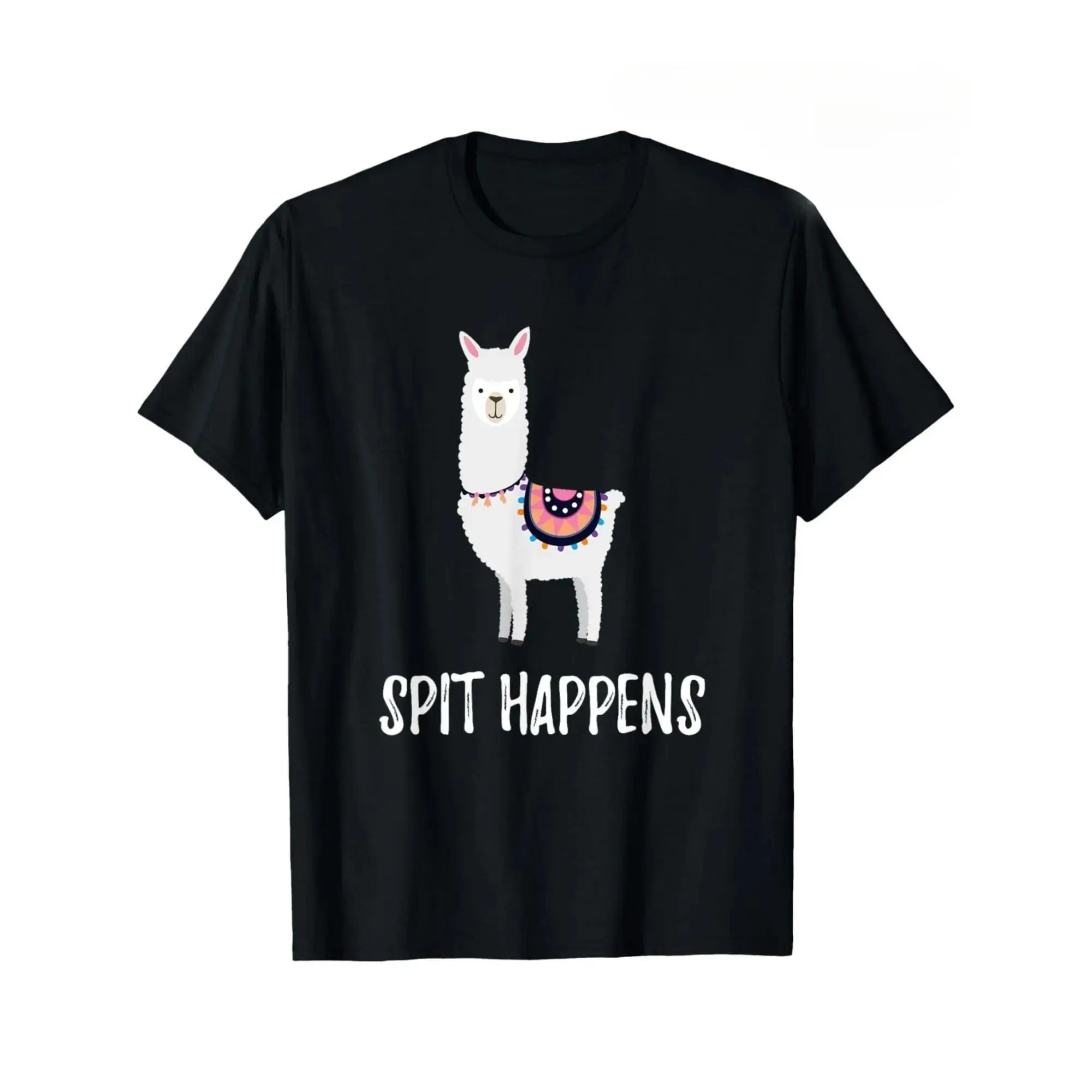 Menswear Short-Sleeve Round Neck T-Shirt - Black Casual Loose Fit Alpaca Llama Graphic Tee, Colorful Accents, Machine Washable, Breathable Material, Novelty Humorous Statement Top for Humor Lovers