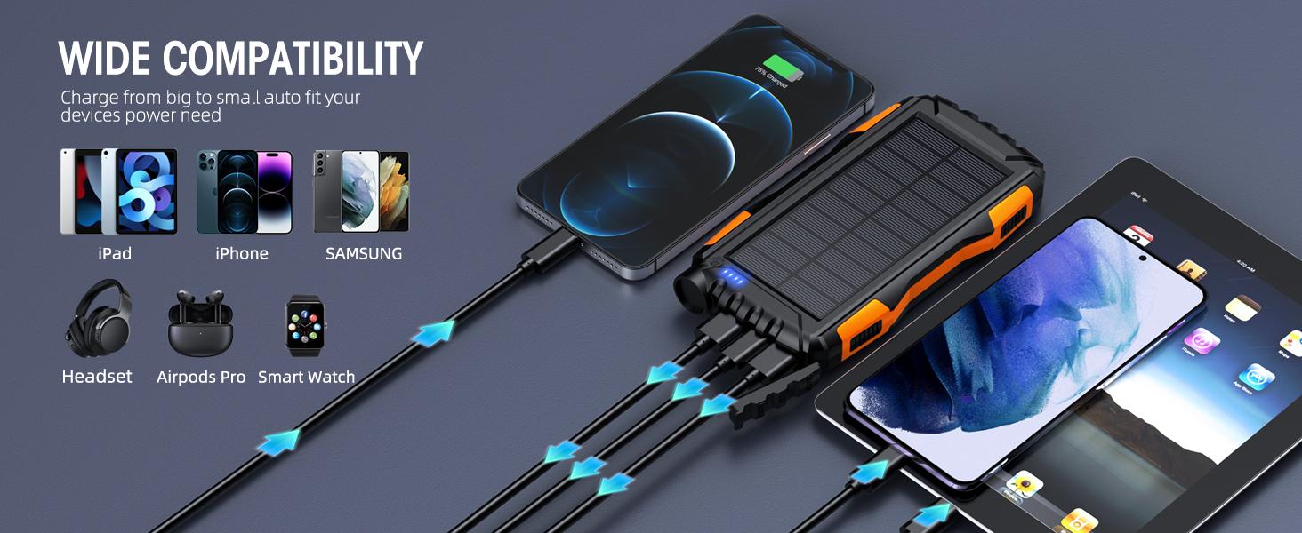 Power-Bank-Solar-Charger 42800mAh Portable Charger External Battery Pack 5V3.1A QC 3.0 Fast Charger with Super Bright Flashlight IP67 Waterproof - Phone