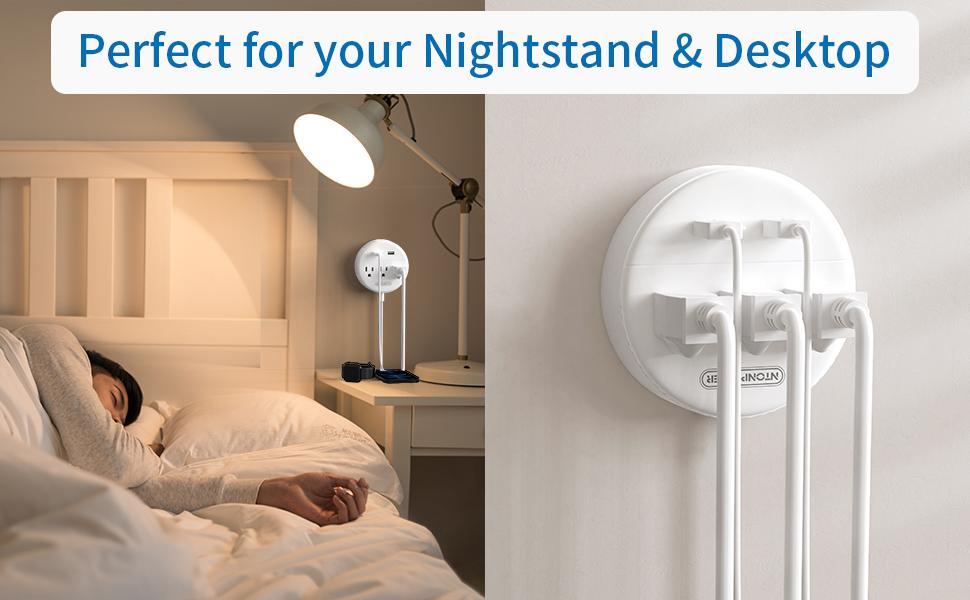 Flat Plug Power Strip with USB Ports, NTONPOWER Nightstand Desktop Charging Station with 5/10/15/25ft Short Extension Cord, Wall Mount, Small Size for Dorm Room Nightstand Office, Travel, White
