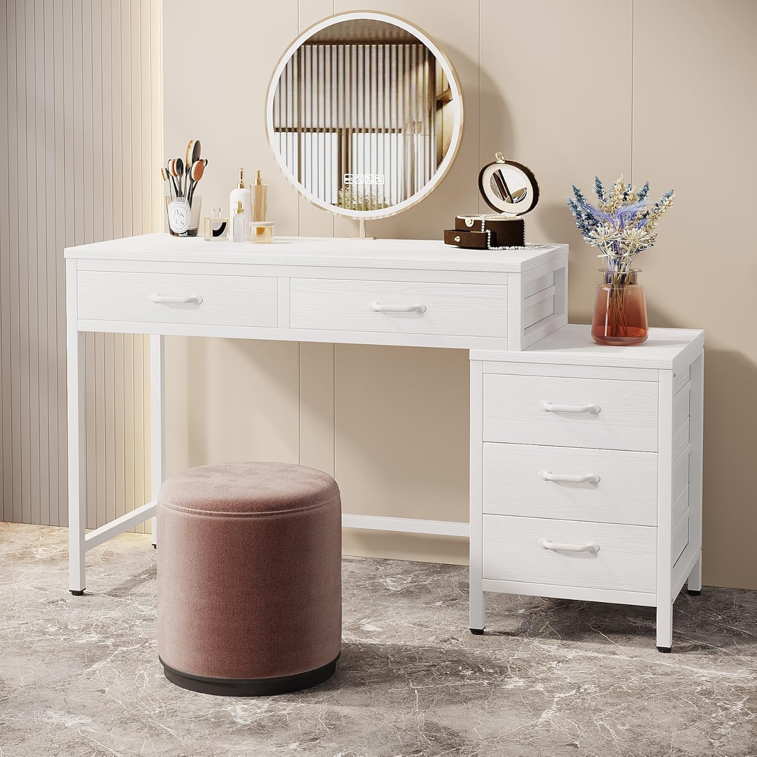 LITTLE TREE Vanity Desk with 5 Drawers, Makeup Vanity Table Dressing Table with Side 3-Drawer Chest, Make Up Vanities for Women, Girls (Without Mirror)