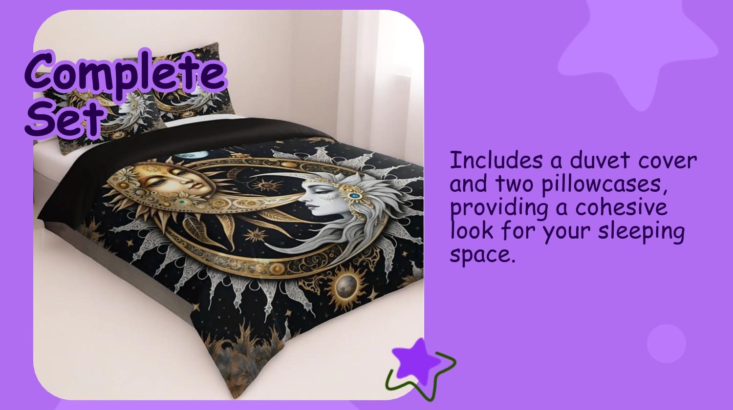 3pcs Sun & Moon Goddess Mythology Decorative Bedding Set, Duvet Cover + 2 Pillowcases, Polyester, Perfect for Mystical Bedroom & Hotel Decor
