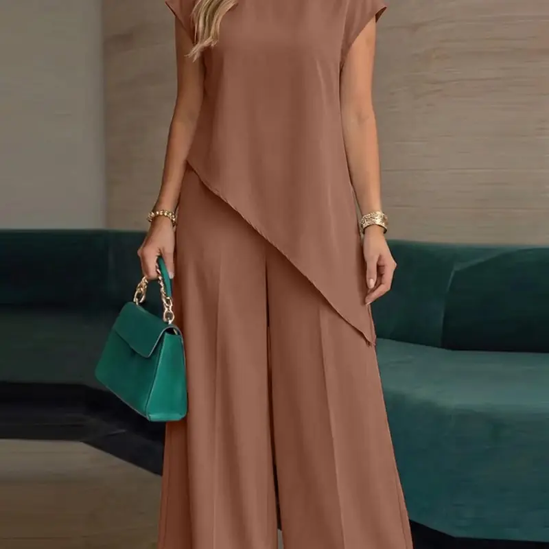 ZANZEA Women's Casual Stand Collar Short Sleeve Asymmetrical Top with Button Neck & Elastic Waist Wide-Leg Pants, Ideal for Wear, Top Trousers Set