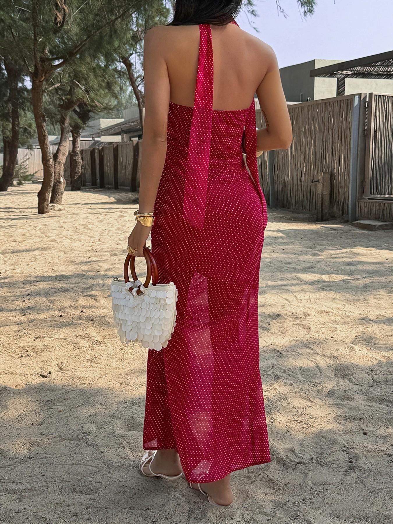 Pure Color Polka Dot Halter Deep V Neck Slim Fit Sexy Formal Party Dress, Stylish Women's Evening Gown, Perfect for Night Out Events