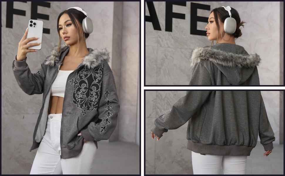 Women's Zip Up Hoodies Graphic Rhinestone Contrast Faux Fur Long Sleeve Sweatshirt Jacket with Pockets