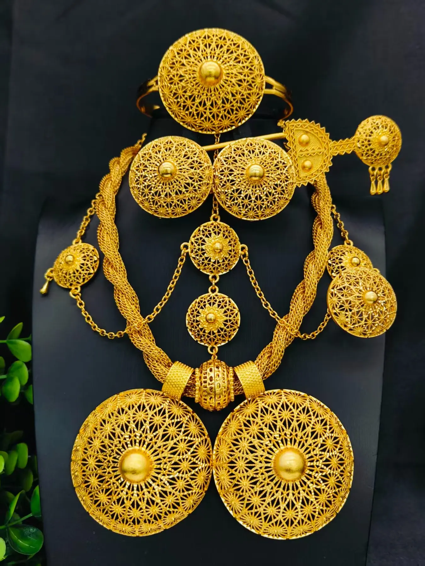 Fashion Women's Two-Headed Round Pendant Jewelry Set, Necklace Bracelet Ring Earrings Head Chain, Wedding Party Gift
