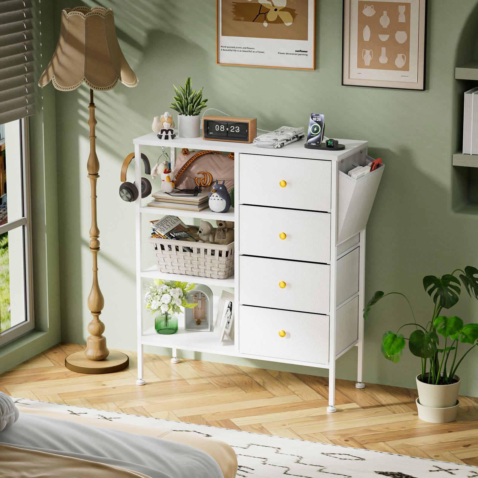 Tall Nightstand with LED Light & Charging Station – Bedside Table with 4 Drawers & 3-Tier Open Shelf, Modern Storage Cabinet with Wood Top & Metal Frame for Bedroom, Living Room, Apartment, 28.3"W x 11.4"D x 31.9"H