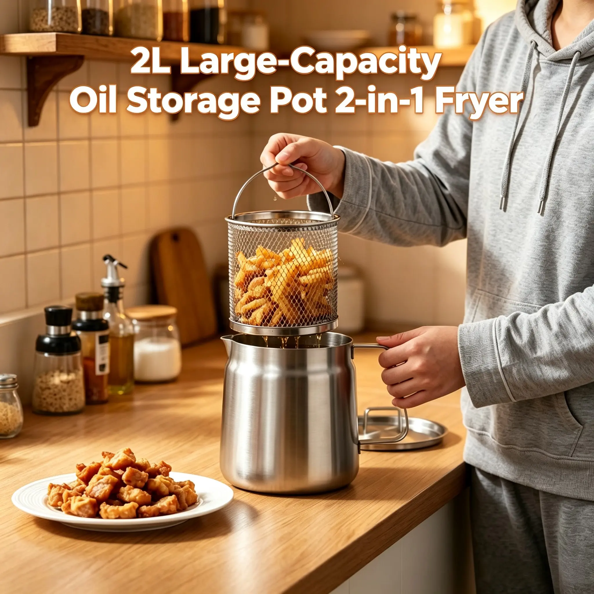 304 stainless steel large capacity 2-in-1 oil storage pot+fryer combination, 2L capacity oil filter pot with lid, multifunctional, Home Kitchen Essentials