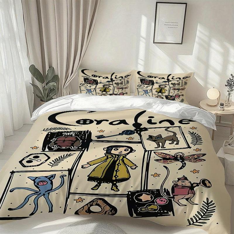 3pcs C-coraline Comic  Theme Bedding Set, Light Base, Vintage Fun Fantasy Dark Style, 1 Fitted Sheet + 2 Pillowcases, Soft