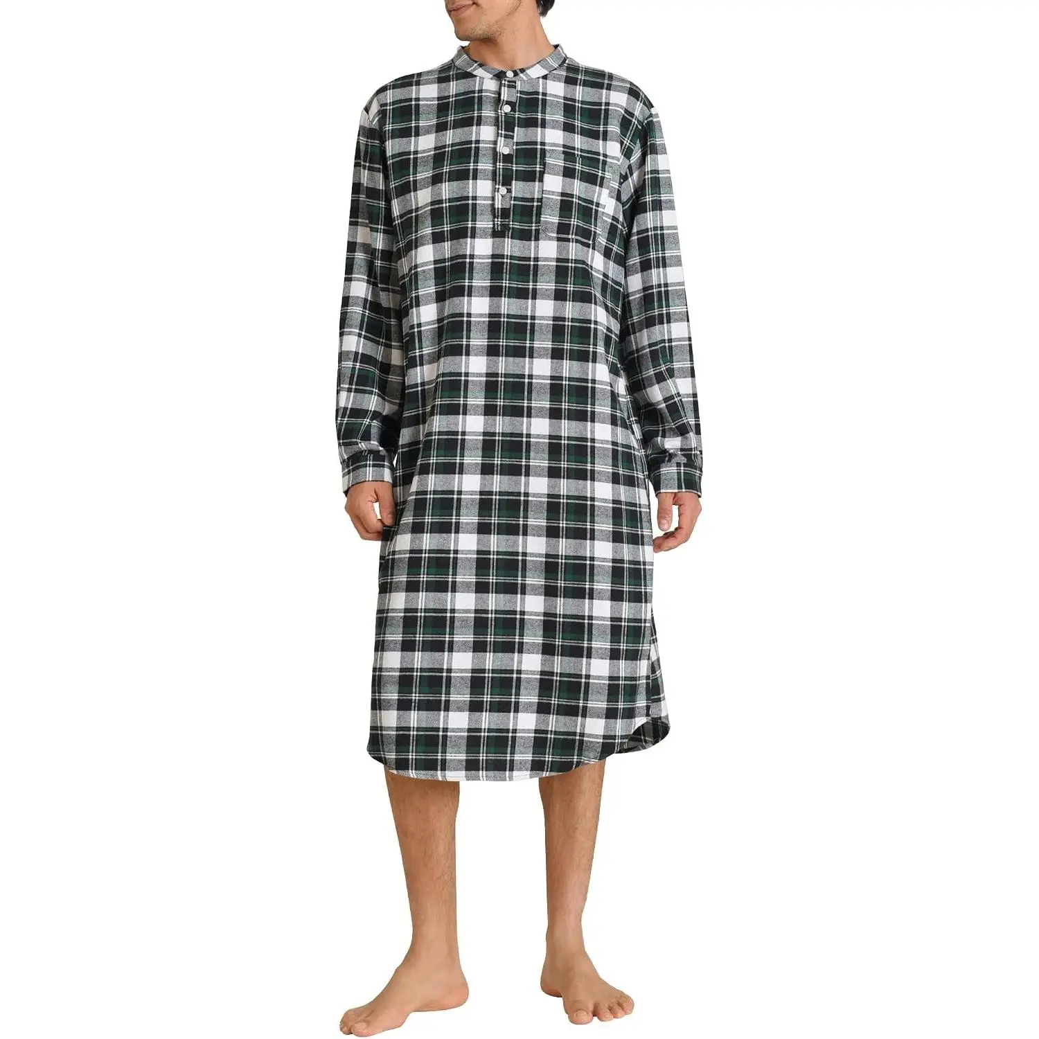 Men's Long Sleeves Cotton Flannel Nightshirt Nightgown