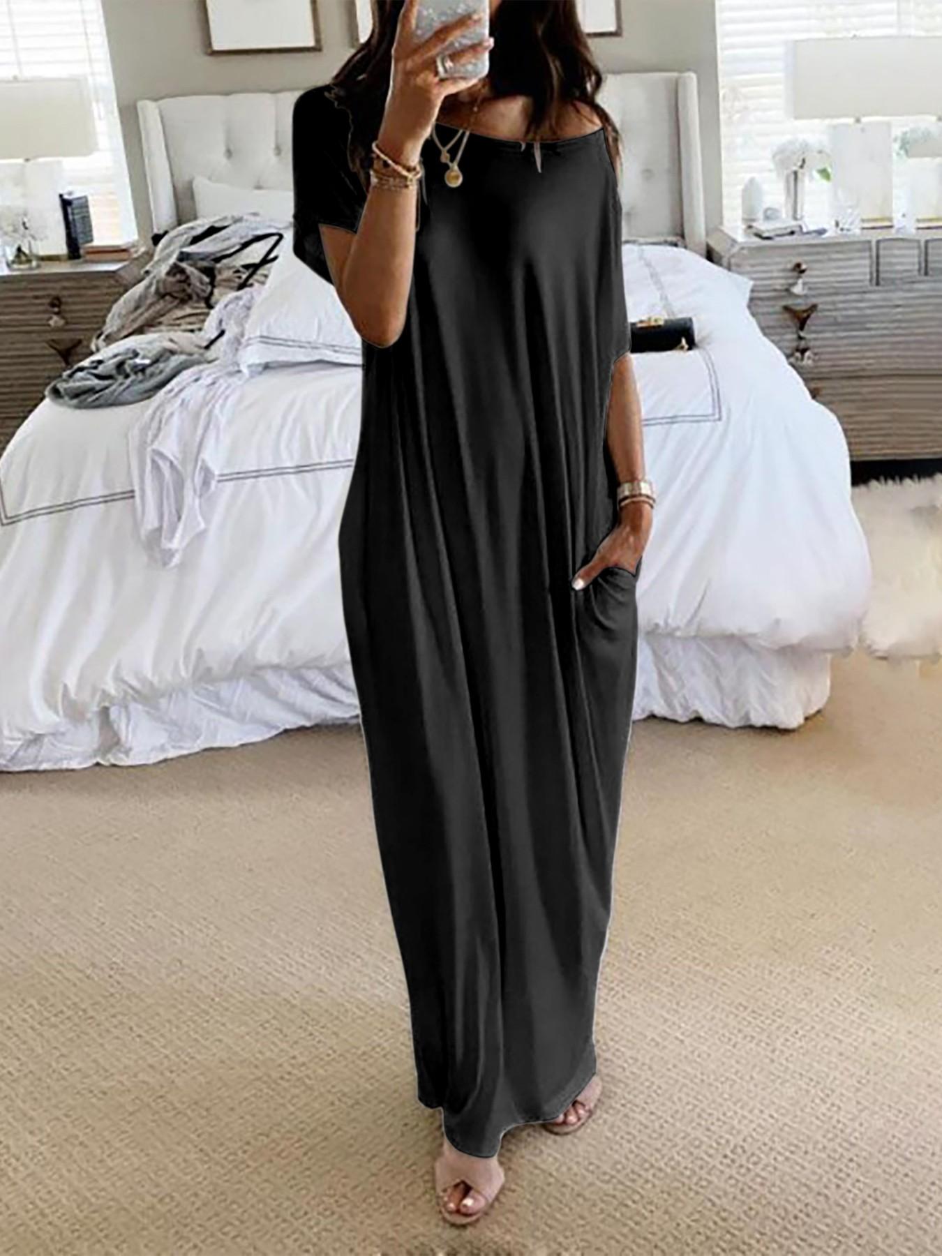 Women's Solid Color Batwing Sleeve Lounge Dress, Casual Comfy Short Sleeve Nightdress, Ladies Sleepwear for All Seasons