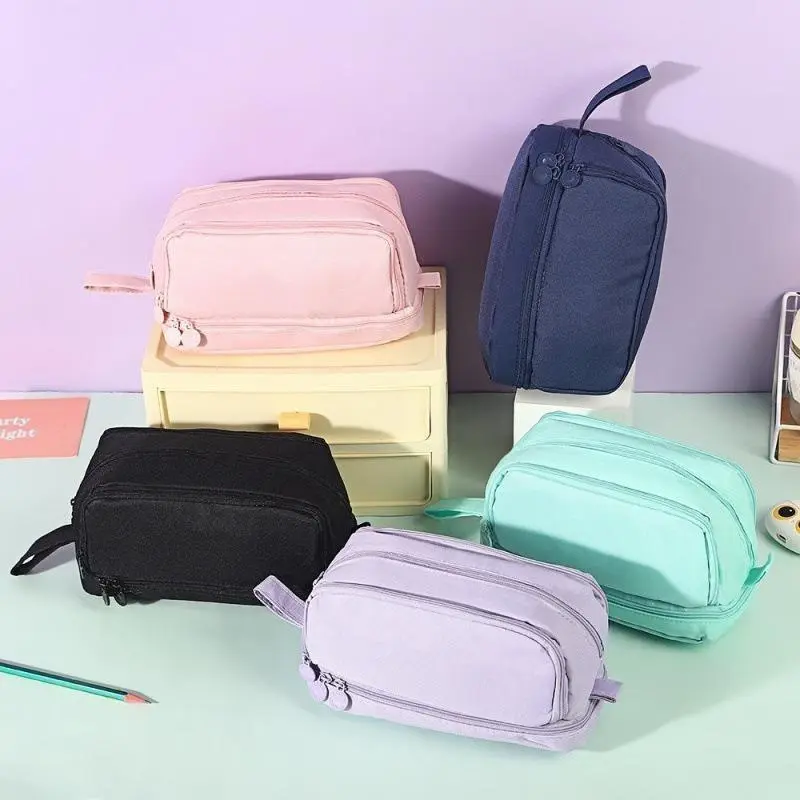 Macaron Series Double-Window Pencil Case - Large Capacity Multi-Compartment Multi-Functional Student Stationery Organizer Pen Bag