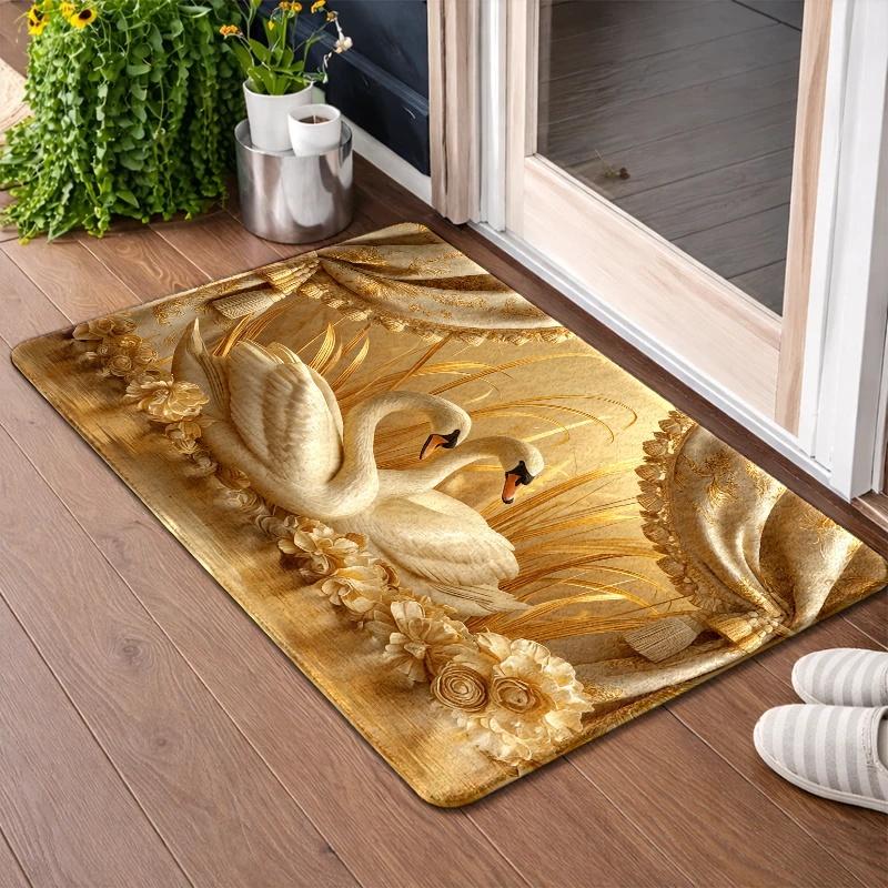Luxury Swan Floral Rug Soft Flannel Non Slip Rubber Backing Machine Washable Indoor Outdoor Floor Mat Multipurpose Decor Perfect For Living Room Bedroom Kitchen Bathroom Entryway Door Mat Pet Mat Home Decoration Treads Stair Non-Slip