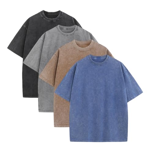 Unisex Oversized Loose-Fitting Short Sleeve Vintage Heavyweight Cotton T-Shirts - 1/4 Pack, Machine Washable, Streetwear, Gym Workout Athletic Top, Casual Sportswear for Teens, 1Pcs Black, Beige+Green+Pink+Purple, Fitness Shirts, Clothing, Men's T Shirts