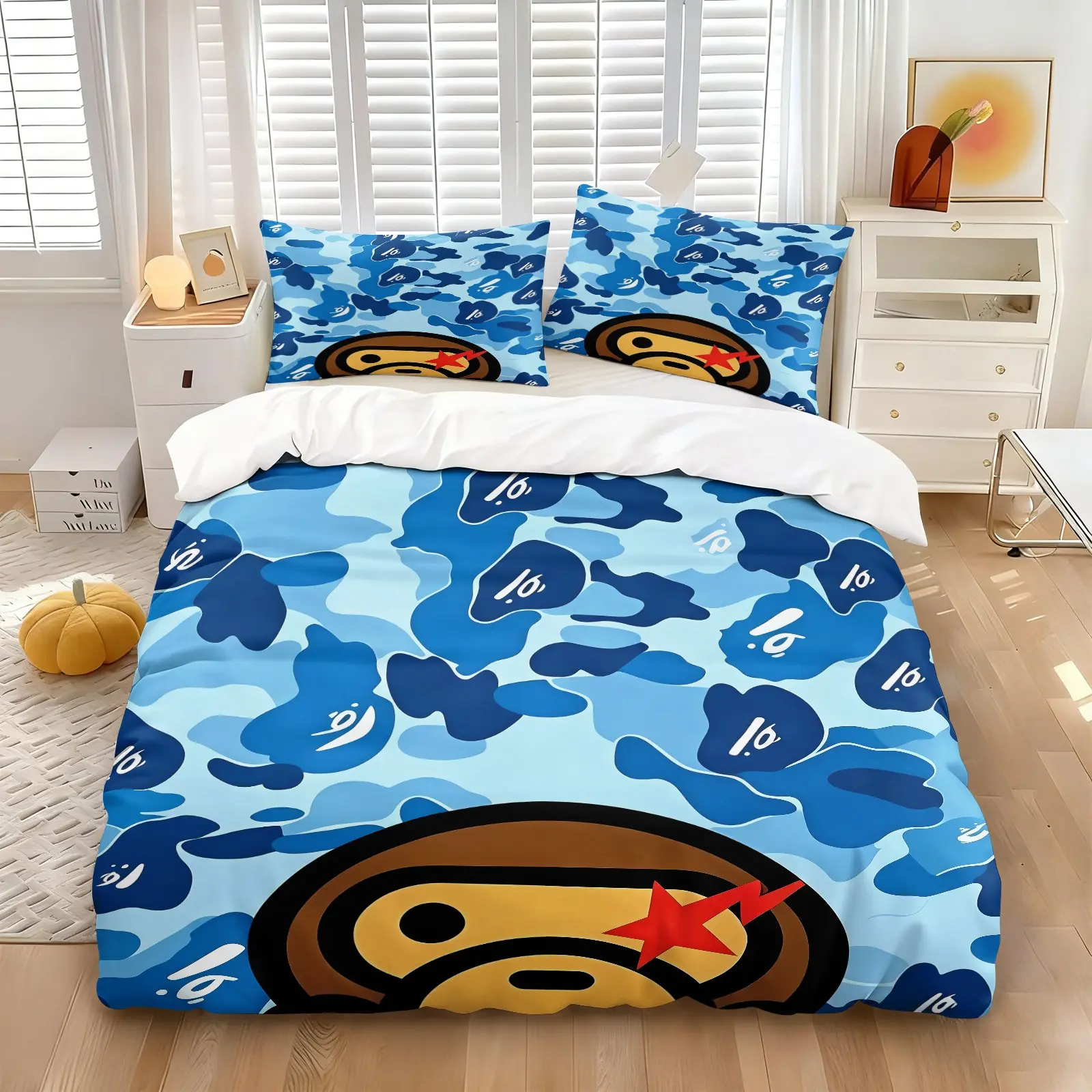 Cool Blue Camo Cartoon Monkey Red Star Printed Duvet Cover Set, Include 1 Comforter Cover and 1/2 Pillowcases, Trendy Street Aesthetic Home Bedroom Quilt Cover, Soft Breathable Fabric, Hidden Zipper