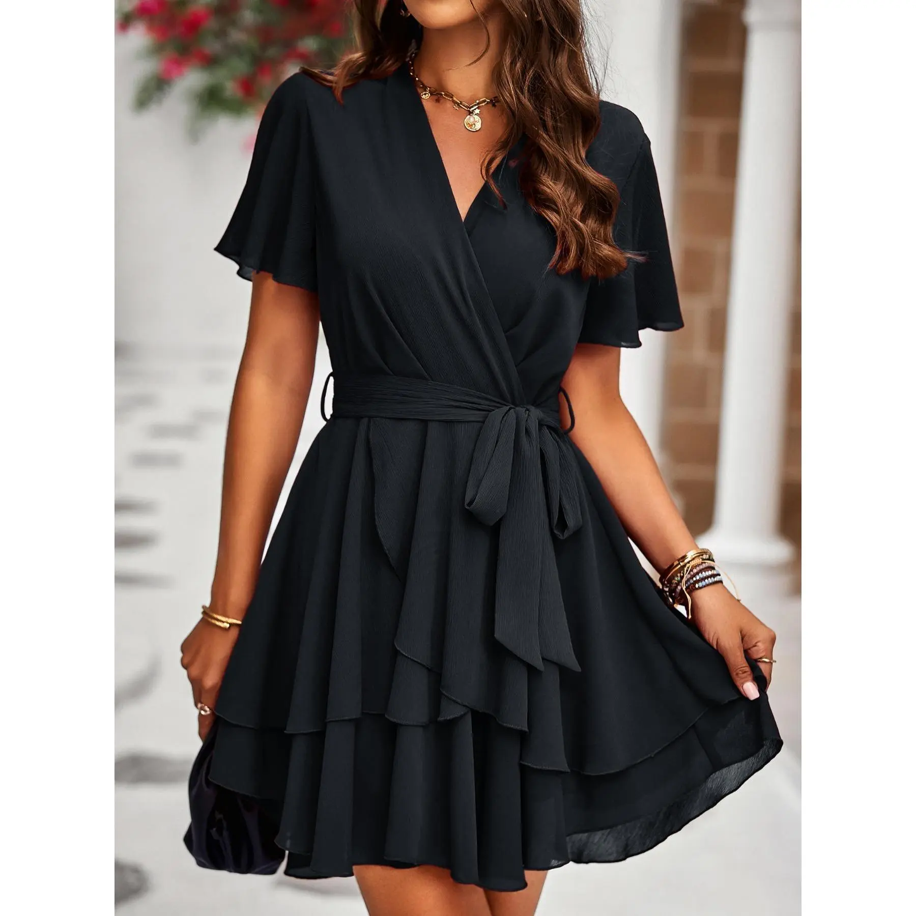 Women's Lightweight Casual Wear Chiffon Dress, Elegant Wrap V-Neck Short-Sleeve, Self-Tie Adjustable Waist, Layered Ruffle Flowy Mini Dress for Cocktail, Holiday Party Events