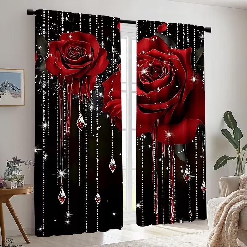 2-Piece Pearl Rose Print Window Curtain Set, Durable Semi-Transparent Polyester Fabric, Washable, Ideal for Bedroom/living Room/library