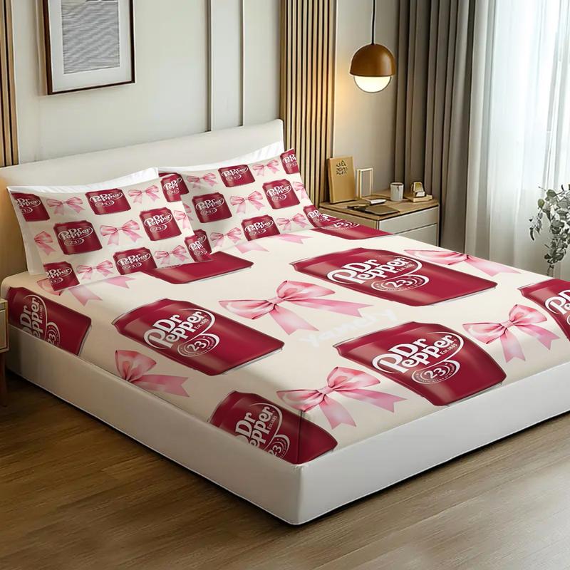 3Pcs Dr Pepper Inspired Fitted Sheet Set, Cute Red Soda Can and Pink Bow Pattern on Light Beige, Soft and Durable Fabric, Perfect for Trendy Bedroom Décor and Unique Gift Ideas!, Includes 1 Fitted Sheet and 2 Pillowcases with No Pillow Core