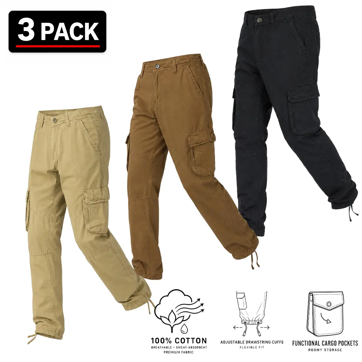 Men Cotton Cargo Pants 3 Pack Relaxed Fit Casual Work Trousers Functional Pockets Breathable Durable Outdoor Hiking Gardening Beige Everyday No Iron Khaki Classic cuffed linen harem pant season soft jogger bottom street small leg high waist wide leg pant