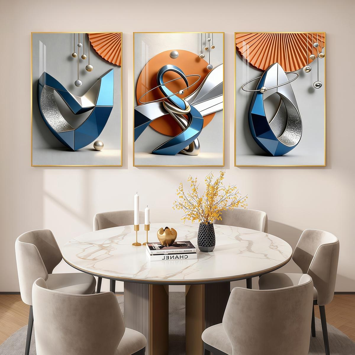 3 Counts Aluminum Alloy Framed Painting, Modern Geometric Abstract Metal Art Pictures, Home Decoration For Living Room, Bedroom, Office, Restaurant, Hallway Wall Decor, Odorless Print Artwork, Luxury Perfect Gift For Friends And Family