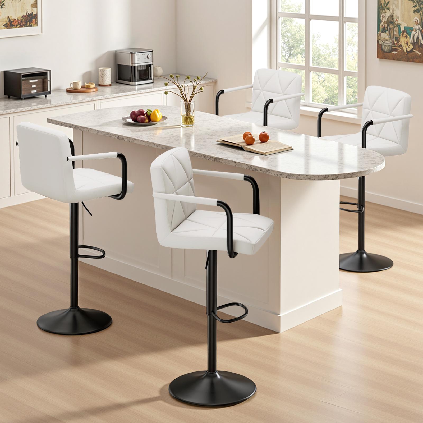 Set of 2 Barstools, Adjustable Height 25.5-34.5 IN with Back & Arms, Swivel PU Leather Upholstered Counter Height Bar Chairs