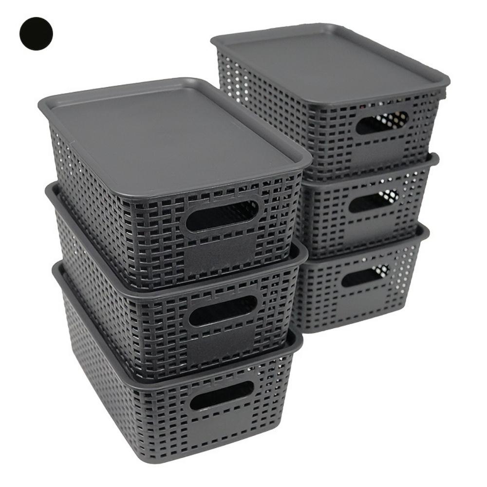 6-Piece Set of Plastic Storage Baskets with Lids (Black/White/Gray) — Stackable Decorative Organizer Bins for Shelves, Drawers, Desktops, Closets, Playrooms, Classrooms, and Offices