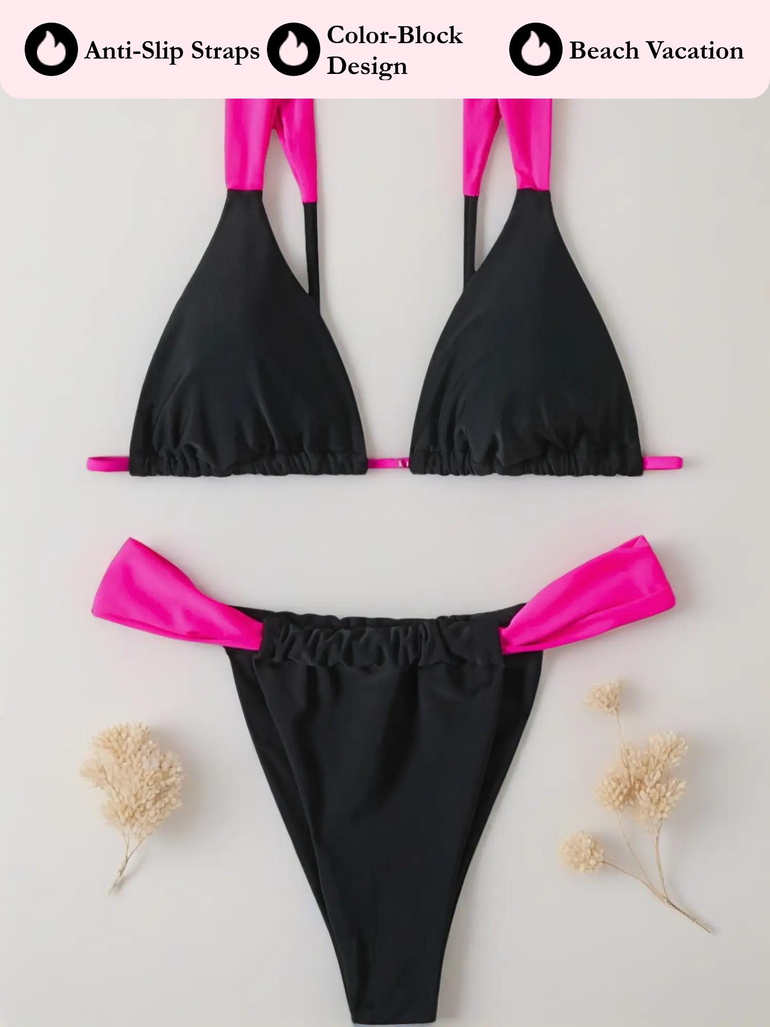 New color-block anti-slip strap bikini set, beach vacation style bikini, Colorblock bikini set