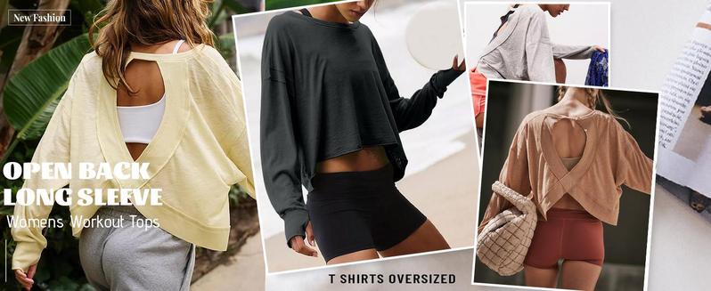 JovenPara Womens Open Back Workout Top Long Sleeve Athletic Shirts Casual Crop Running Tee Y2k Yoga