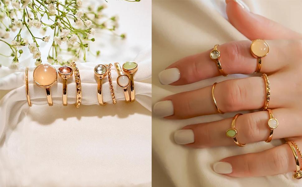 Women's 7-19pcs Silver Star-Moon Gemstone Zinc Alloy Hypoallergenic Multi-Size Stackable Midi Knuckle Rings, Vintage Female Jewelry for Graduation Gift, Anniversary Gifts