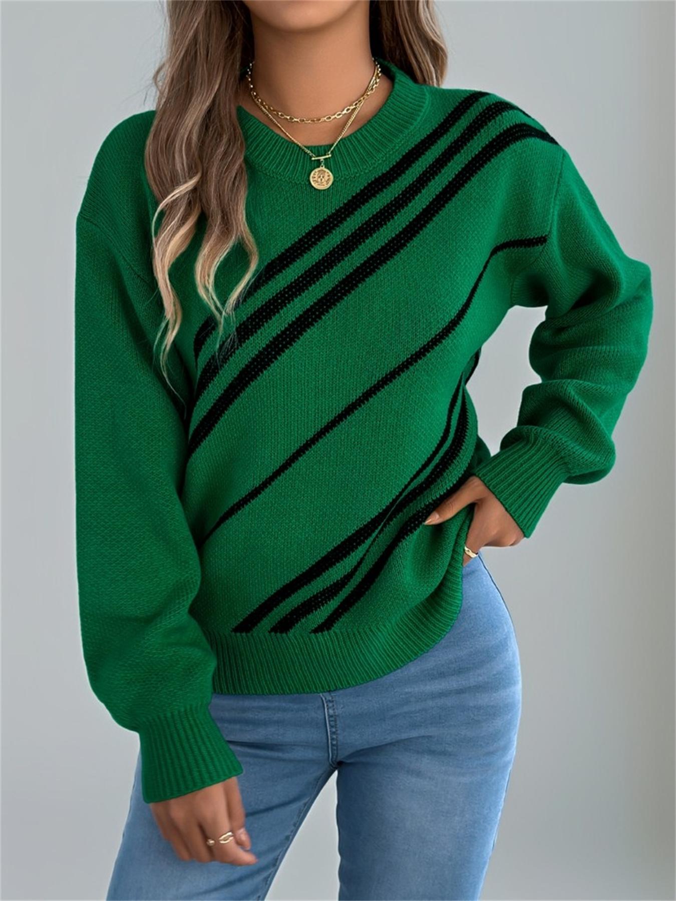 Women's Colorblock Drop Shoulder Fitted Sweater Tops, Casual Long Sleeve Round Neck Jumper for Fall & Winter, Fashion Ladies' Knitwear for Daily Wear