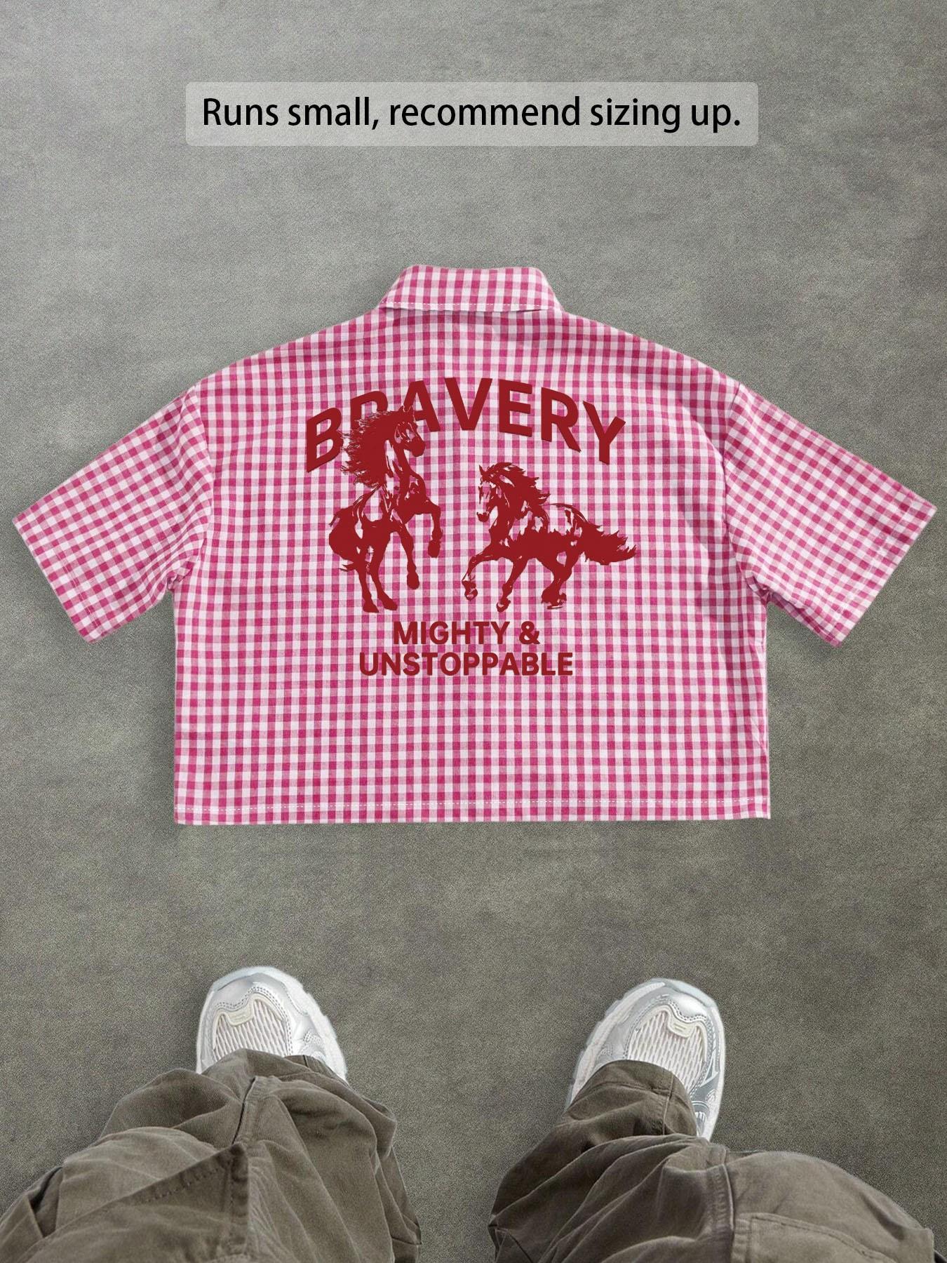 Men's Regular Fit Horse & Letter Print Short Sleeve Shirt, Casual Retro Gingham Shirt for Daily Wear, Fashion Men's Top for Summer
