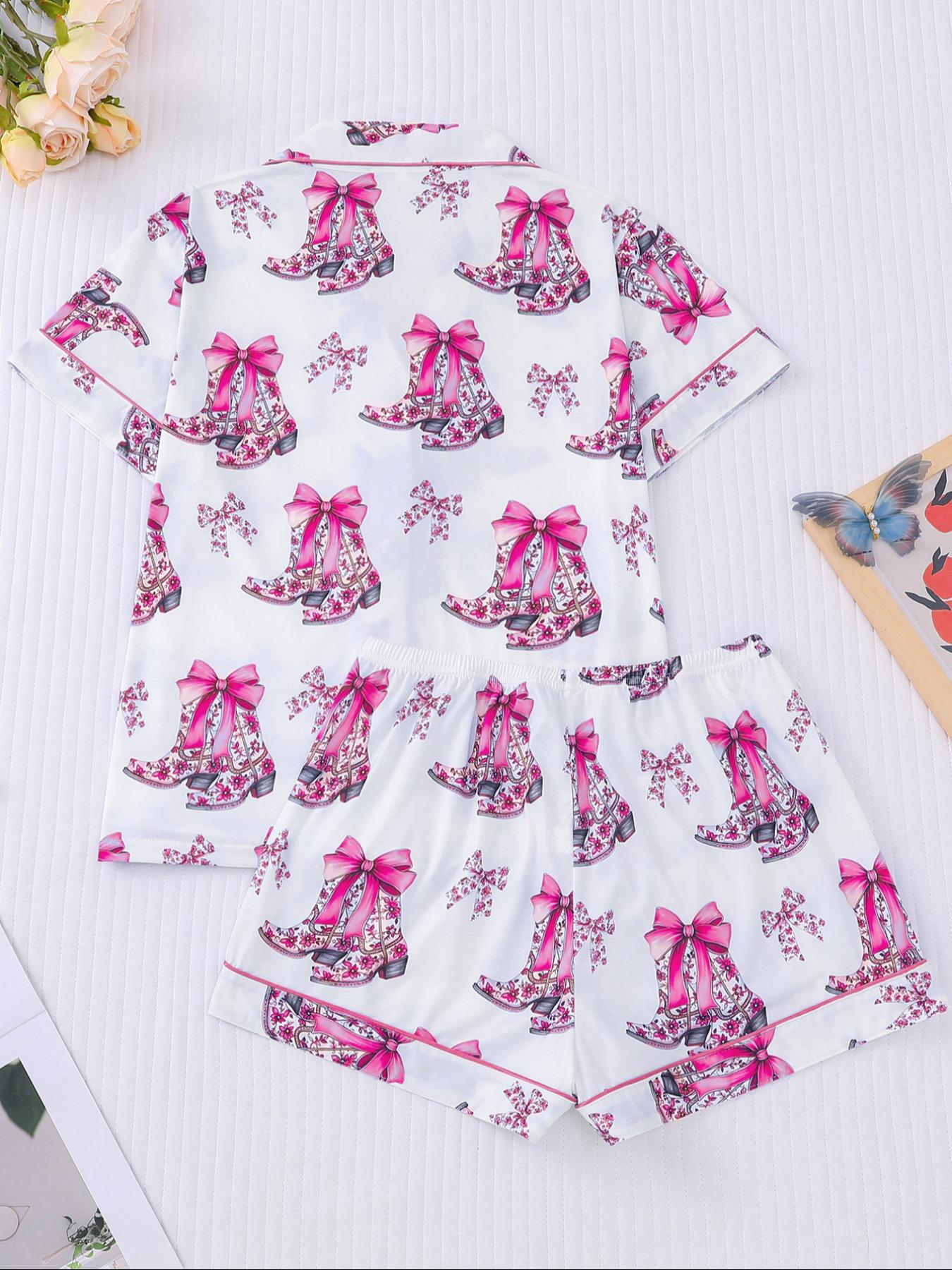Women's All Over Print Button Front Shirt & Elastic Waist Shorts Pyjama Two-piece Set, Casual Comfy Short Sleeve Top & Shorts PJ Set, Ladies Sleepwear for All Seasons, Cute Pajama Sets
