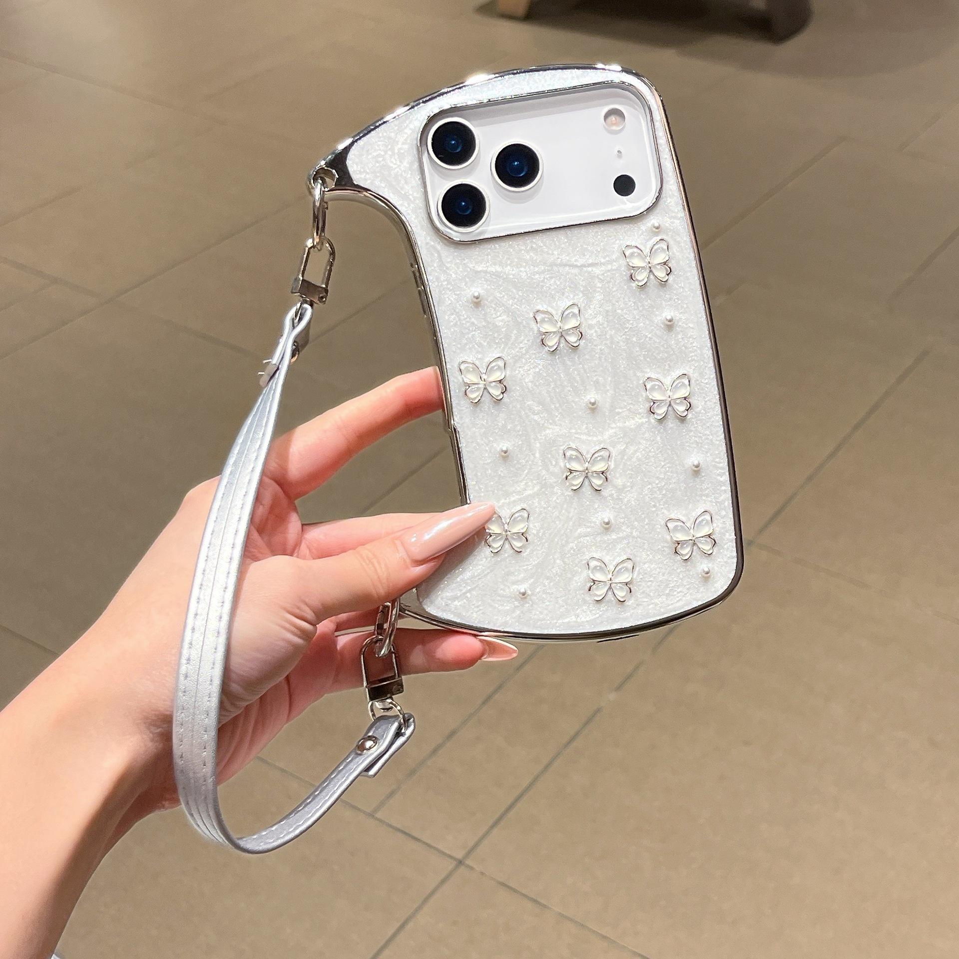 (Case & Nova) Luxury Drip Glaze Mini Handbag-Shape Chrome Case, Electroplated Frame, Pearl Butterfly Decor, Detachable Strap/Wrist Strap, Anti-Drop Shockproof Slim Hard Cover for iPhone 17 Pro Max,16,15,14,13,12,11 Cute Mobile Phone Accessory, Silicone Sh